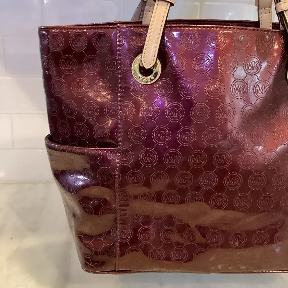 Michael Kors Bag Purse Handbag Leather Embossed Signature Patent EW Jet Set Tote